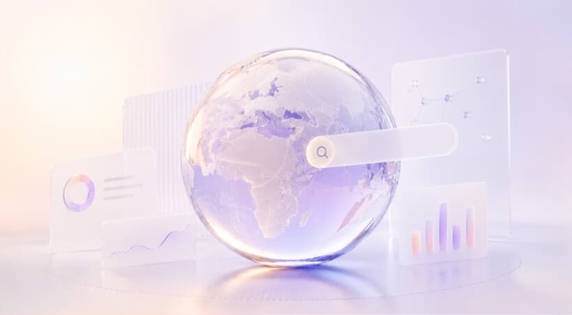 A pastel globe with a search field and charts, used as an AI search article cover